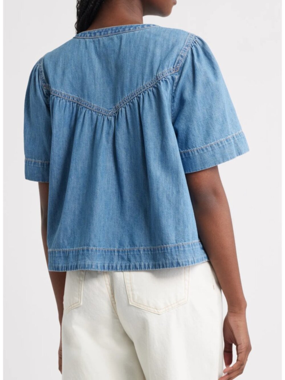 NWT Treasure & Bond Womens Shirred Short Sleeve Chambray Top Size M - Picture 2 of 10